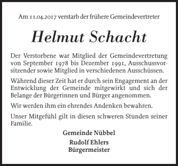 Traueranzeige von Helmut Schacht von Landeszeitung