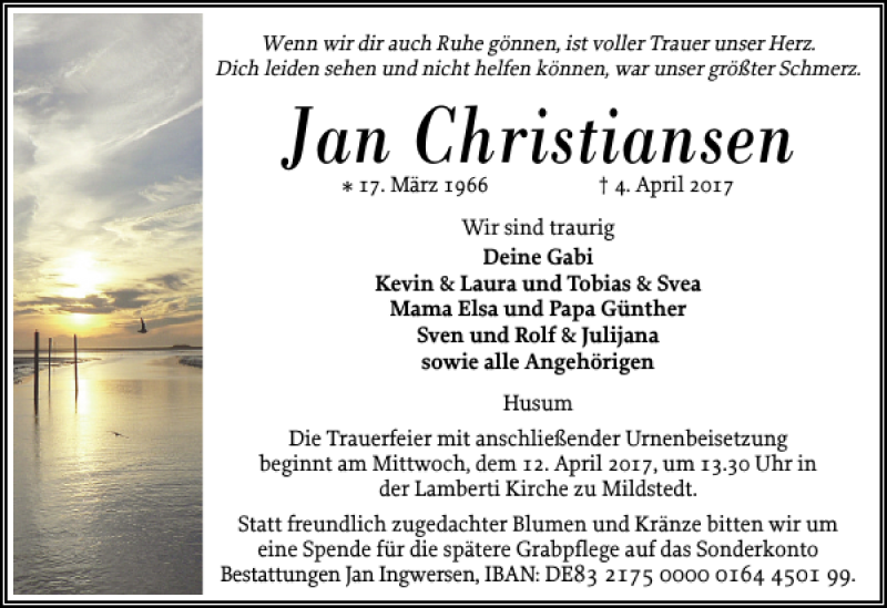  Traueranzeige für Jan Christiansen vom 08.04.2017 aus Husumer Nachrichten