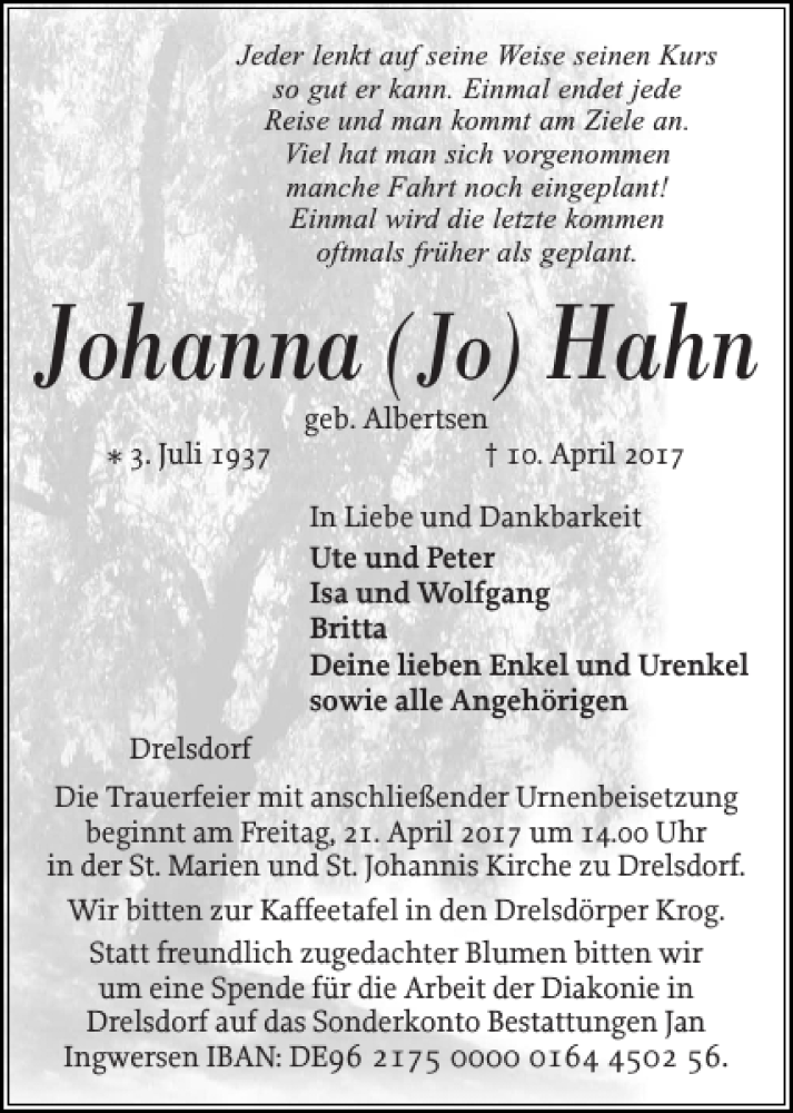  Traueranzeige für Johanna Hahn vom 13.04.2017 aus Husumer Nachrichten