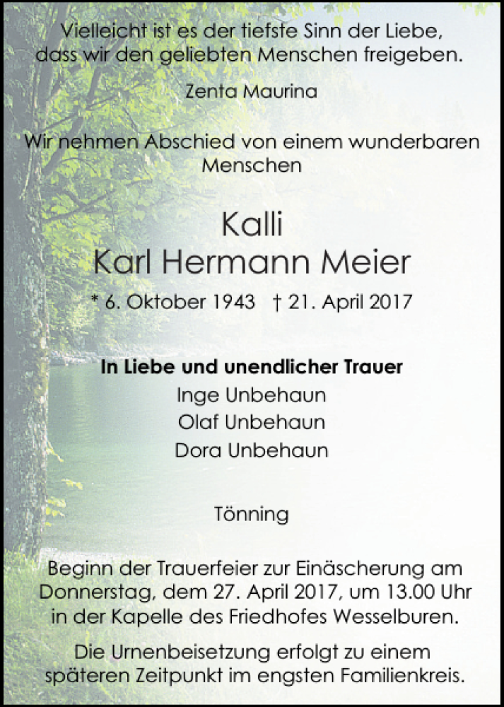  Traueranzeige für Karl Hermann Meier vom 24.04.2017 aus Husumer Nachrichten