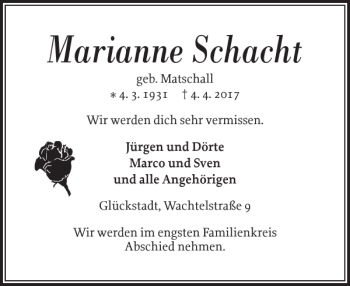 Traueranzeige von Marianne Schacht von Norddeutsche Rundschau