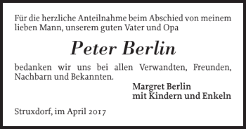 Traueranzeige von Peter Berlin von Schleswiger Nachrichten