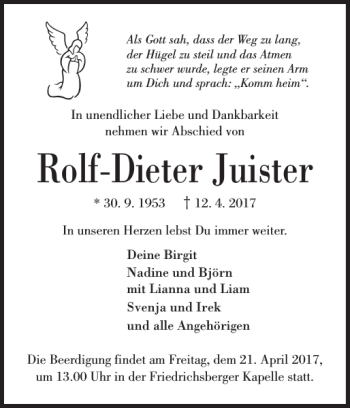 Traueranzeige von Rolf-Dieter Juister von Schleswiger Nachrichten