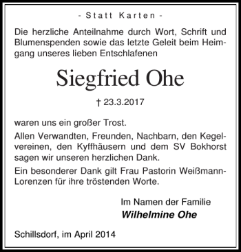 Traueranzeige von Siegfried Ohe von Holsteinischer Courier