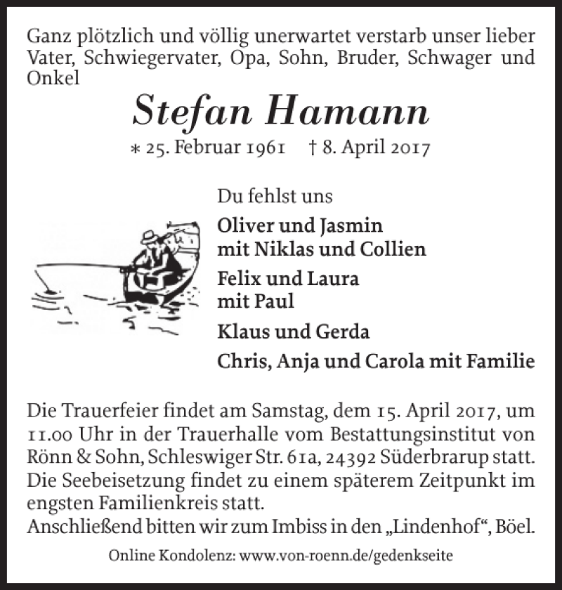 Traueranzeige für Stefan Hamann vom 12.04.2017 aus Schleswiger Nachrichten