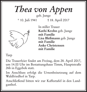 Traueranzeige von Thea von Appen von Flensburger Tageblatt