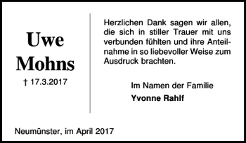 Traueranzeige von Uwe Mohns von Holsteinischer Courier
