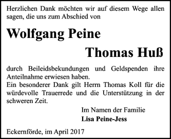 Traueranzeige von Wolfgang Peine Thomas Huß von Eckernförder Zeitung