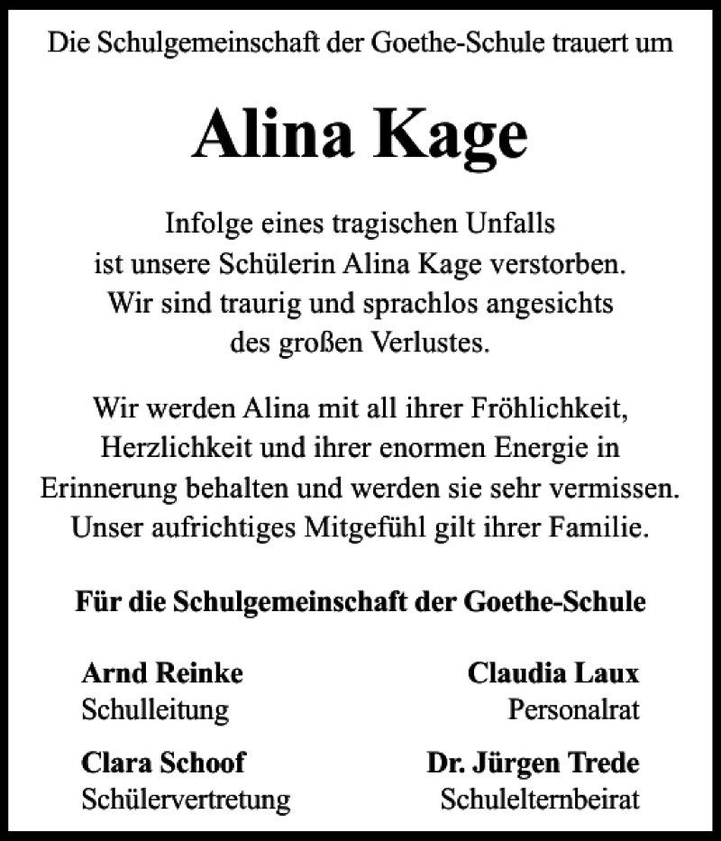  Traueranzeige für Alina Kage vom 27.05.2017 aus Flensburger Tageblatt