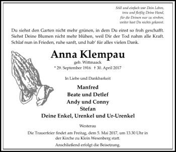 Traueranzeige von Anna Klempau von Stormarner Tageblatt