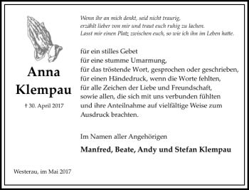 Traueranzeige von Anna Klempau von Stormarner Tageblatt