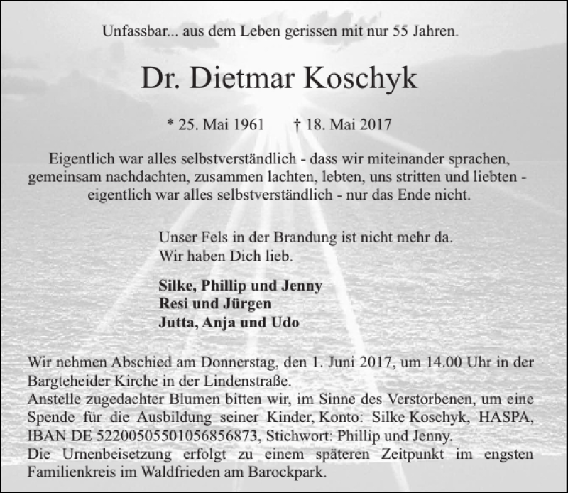  Traueranzeige für Dr. Dietmar Koschyk vom 27.05.2017 aus Stormarner Tageblatt