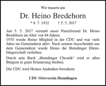 Traueranzeige von Dr. Heino Bredehorn von Elmshorner Nachrichten