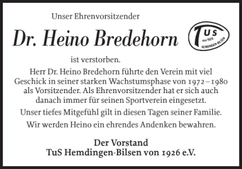 Traueranzeige von Dr. Heino Bredehorn von Elmshorner Nachrichten