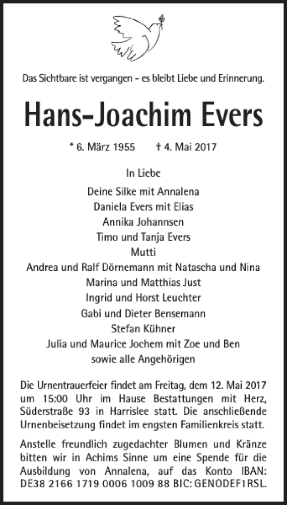  Traueranzeige für Hans-Joachim Evers vom 08.05.2017 aus Flensburger Tageblatt