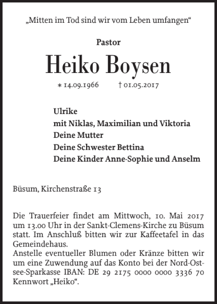  Traueranzeige für Heiko Boysen vom 04.05.2017 aus Husumer Nachrichten