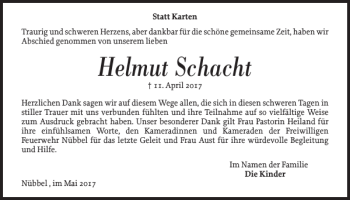 Traueranzeige von Helmut Schacht von Landeszeitung