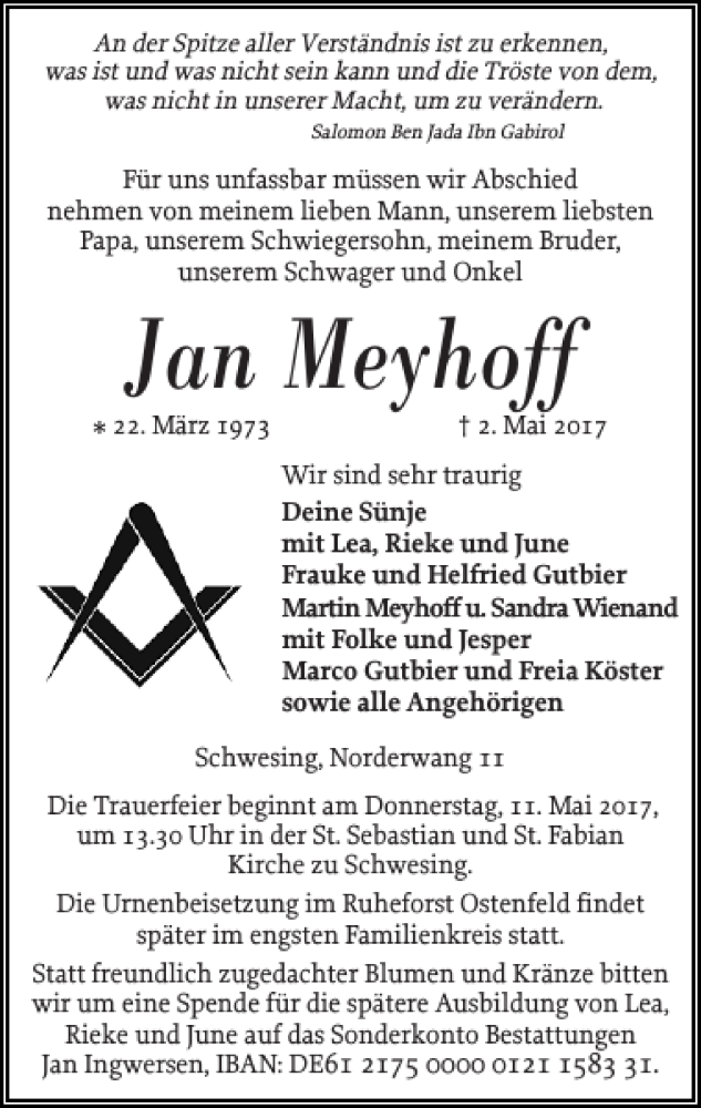  Traueranzeige für Jan Meyhoff vom 06.05.2017 aus Husumer Nachrichten