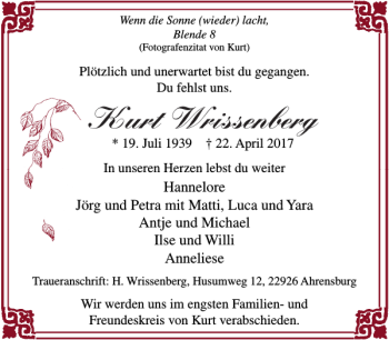 Traueranzeige von Kurt Wrissenberg von Stormarner Tageblatt