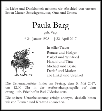 Traueranzeige von Paula Barg von Stormarner Tageblatt