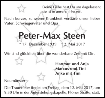 Traueranzeige von Peter-Max Steen von Holsteinischer Courier