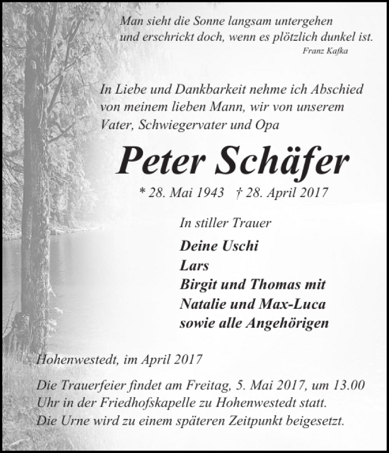  Traueranzeige für Peter Schäfer vom 02.05.2017 aus Landeszeitung