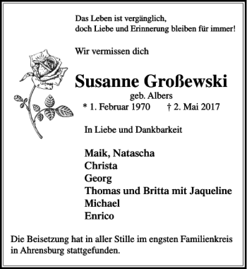 Traueranzeige von Susanne Großewski von Stormarner Tageblatt
