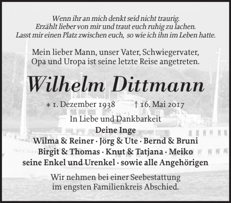  Traueranzeige für Wilhelm Dittmann vom 20.05.2017 aus Eckernförder Zeitung