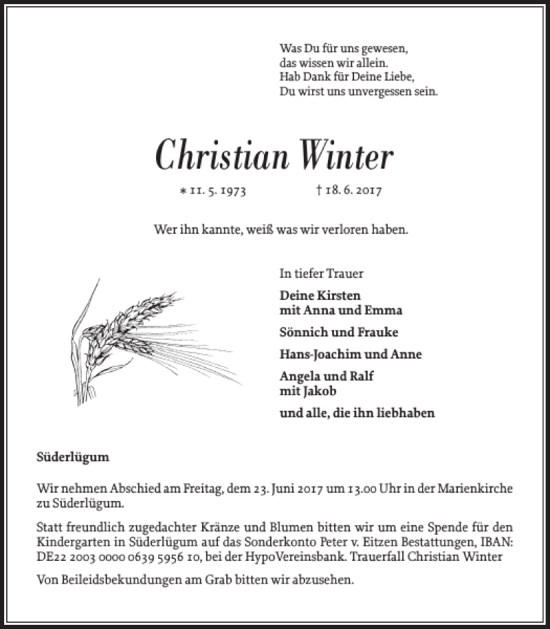  Traueranzeige für Christian Winter vom 21.06.2017 aus Nordfriesland Tageblatt