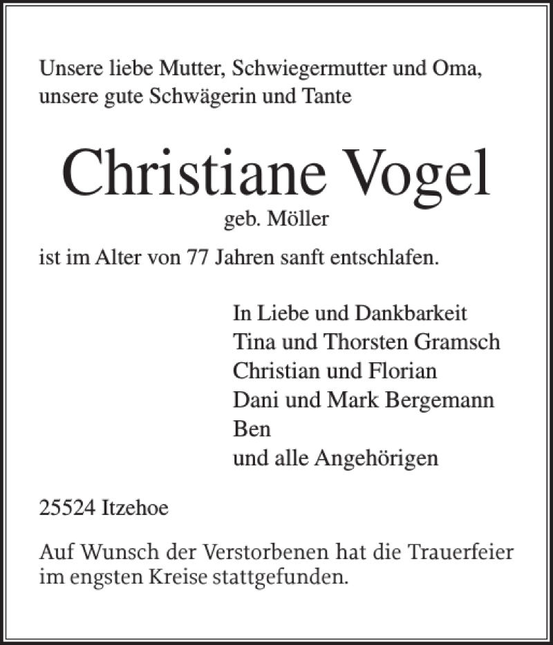  Traueranzeige für Christiane Vogel vom 03.06.2017 aus Norddeutsche Rundschau