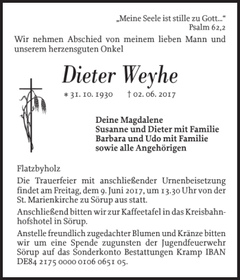 Traueranzeige von Dieter Weyhe von Flensburger Tageblatt