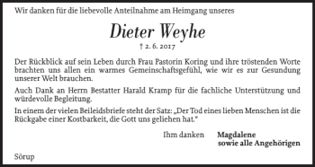 Traueranzeige von Dieter Weyhe von Flensburger Tageblatt