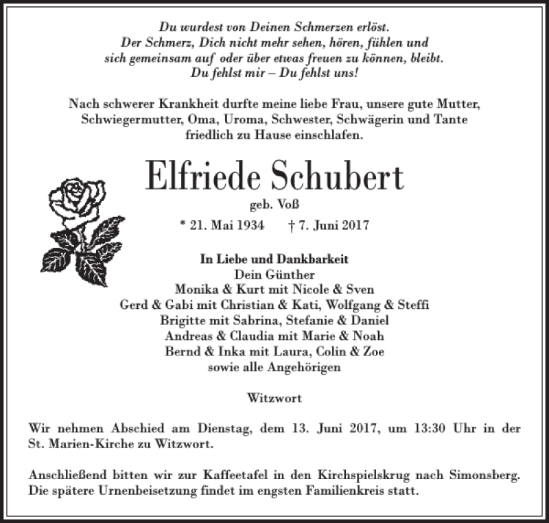  Traueranzeige für Elfriede Schubert vom 10.06.2017 aus Husumer Nachrichten