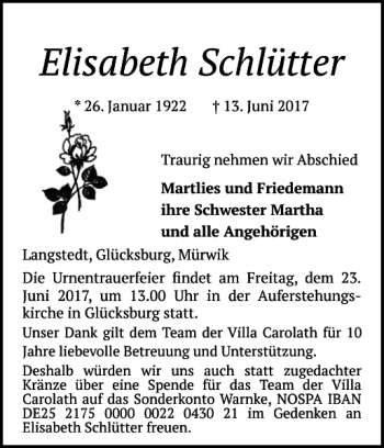 Traueranzeige von Elisabeth Schlütter von Flensburger Tageblatt