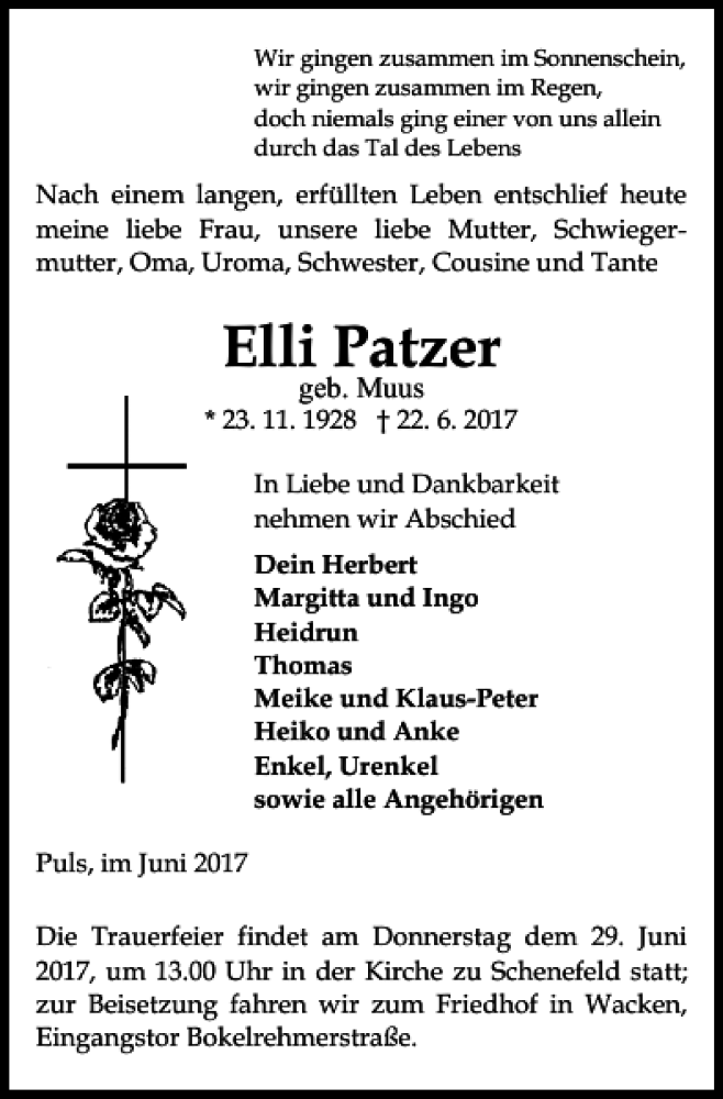  Traueranzeige für Elli Patzer vom 24.06.2017 aus Norddeutsche Rundschau