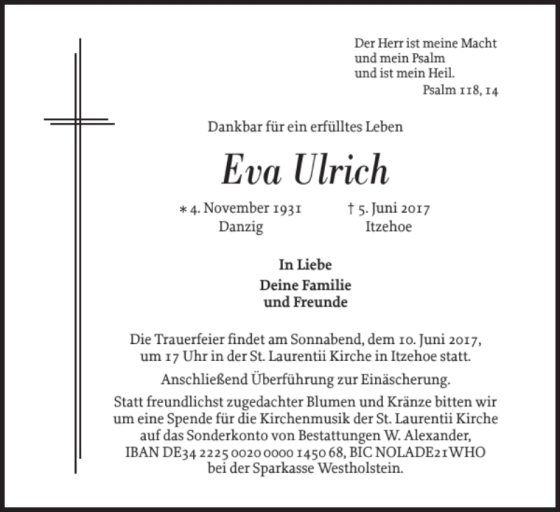 Traueranzeige für Eva Ulrich vom 07.06.2017 aus Norddeutsche Rundschau
