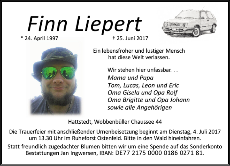  Traueranzeige für Finn Liepert vom 28.06.2017 aus Husumer Nachrichten