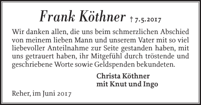  Traueranzeige für Frank Köthner vom 17.06.2017 aus Norddeutsche Rundschau