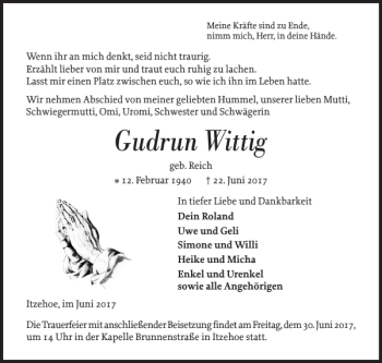 Traueranzeige von Gudrun Wittig von Norddeutsche Rundschau