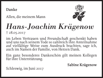 Traueranzeige von Hans-Joachim Krägenow von Schleswiger Nachrichten