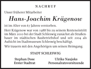 Traueranzeige von Hans-Joachim Krägenow von Schleswiger Nachrichten