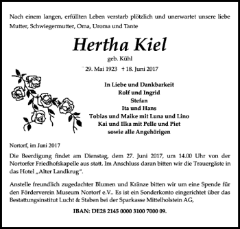 Traueranzeige von Hertha Kiel von Landeszeitung