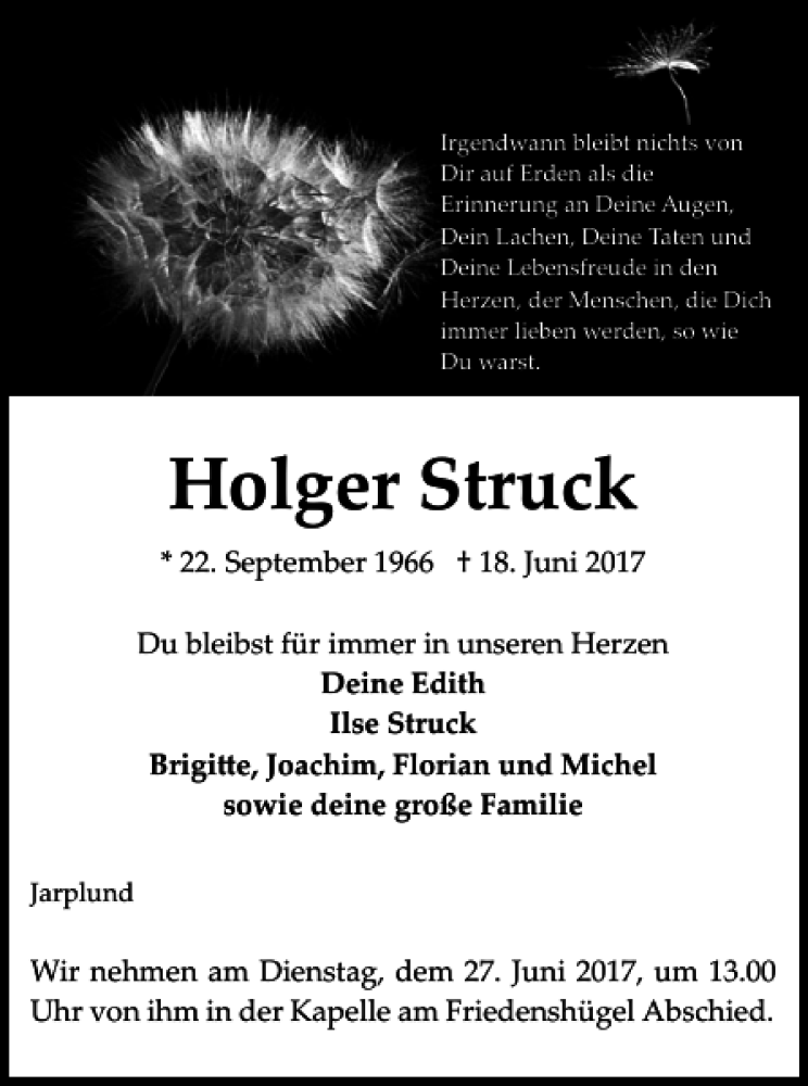  Traueranzeige für Holger Struck vom 24.06.2017 aus Flensburger Tageblatt