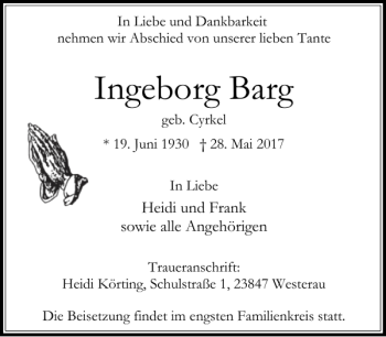 Traueranzeige von Ingeborg Barg von Stormarner Tageblatt