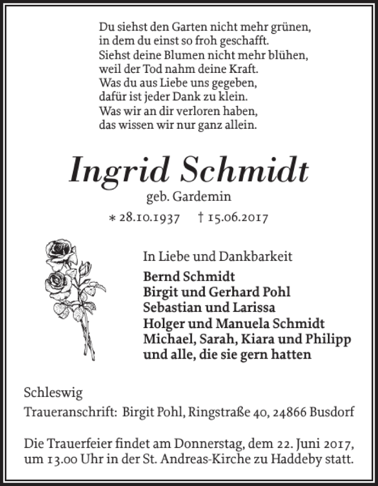  Traueranzeige für Ingrid Schmidt vom 17.06.2017 aus Schleswiger Nachrichten