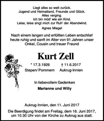 Traueranzeige von Kurt Zell von Landeszeitung