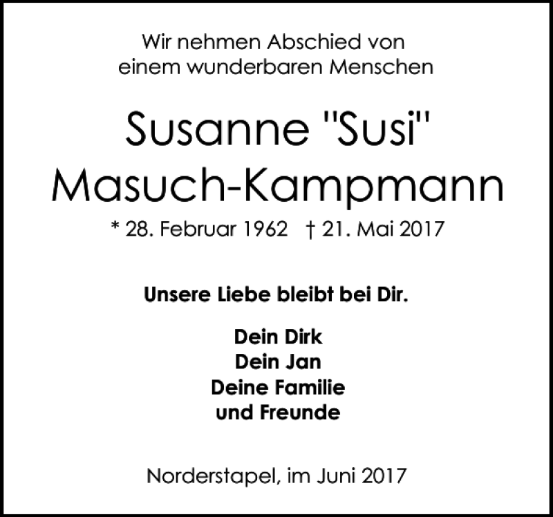  Traueranzeige für Susanne Susi Masuch-Kampmann vom 03.06.2017 aus Husumer Nachrichten