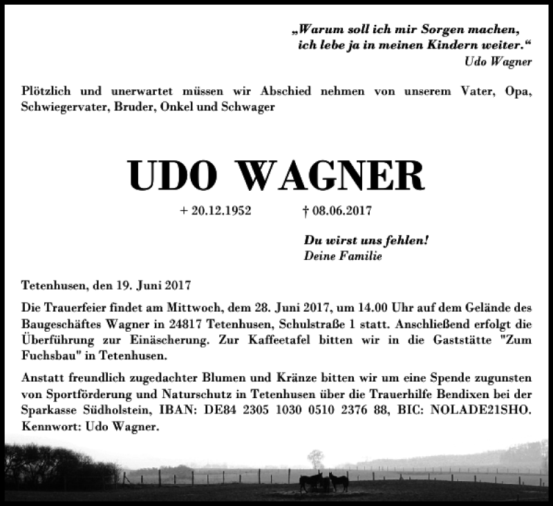  Traueranzeige für UDO WAGNER vom 23.06.2017 aus Landeszeitung