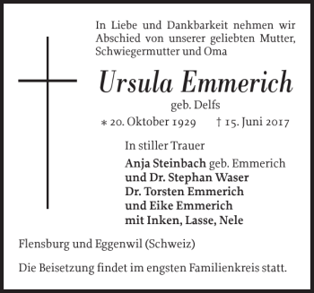 Traueranzeige von Ursula Emmerich von Flensburger Tageblatt