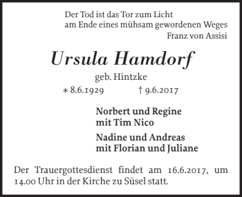 Traueranzeige von Ursula Hamdorf von Ostholsteiner Anzeiger